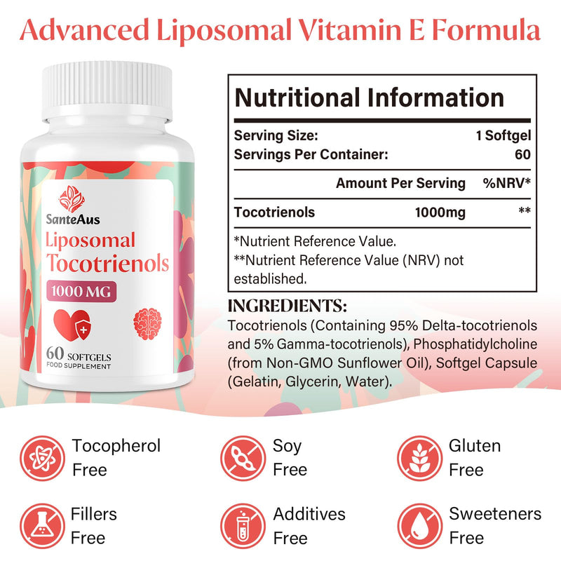 Liposomal Tocotrienols Supplement 1000mg, Vitamin E, High Bioavailability, 95% Delta & 5% Gamma Tocotrienol Capsules, for Immune, Bone, Skin, and Antioxidant Support, No Fillers, No Soy 60 count (Pack of 1)