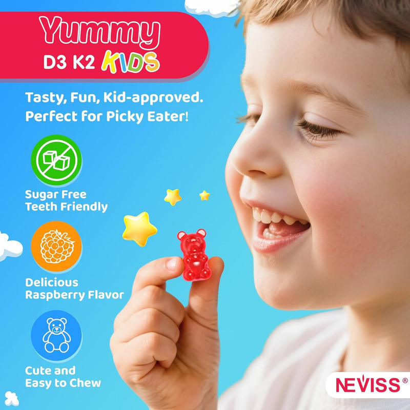 Kids & Teens Vitamin D3 K2 Gummies + Calcium, Magnesium, Zinc, Phosphorus C | Kids D3 & K2 Supplement + Multivitamin for Bone Health, Calcium Absorption, Focus & Immunity, Non GMO, Sugar Free, 60 Cts 60 Count (Pack of 1)