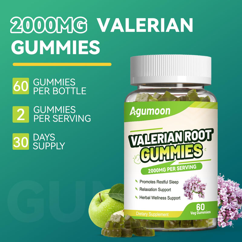[Australia] - Valerian Root Gummies 2000mg, Valerian Root Extract for Relaxation & Mood Support, Herbal Supplement for Kids & Adults, Vegan, Apple Flavor, 60 Count 60 Count (Pack of 1) 