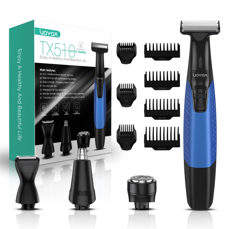 VOYOR Beard Trimmer for Men Electric Razor, Nose Face Body Hair Trimmer with Adjustable Length Combs All in 1 Rechargeable Mens Grooming Kit Cordless Electric Shaver Wet/Dry TX510 (Blue) Blue