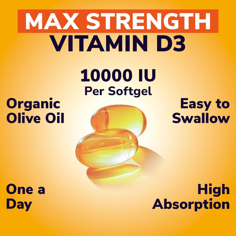 Vitalibre Vitamin D3 10,000 IU (250mcg) with Cold Pressed Olive Oil | Maximum Strength, Highly Bioavailable, Immune, Bone & Teeth Health Support, No Soy, Sunshine Vitamin, 60 Mini Softgels 60 Count (Pack of 1)