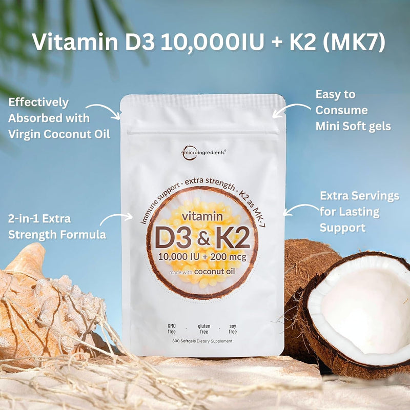 Micro Ingredients Vitamin D3 K2 MK-7 10,000 IU Per Serving, 300 Softgels | Made with Virgin Coconut Oil, K2 200 mcg Per Serving. D3 & K2 Vitamin Supplement. Easy-to-Swallow. Non-GMO, Gluten Free. 300 Count (Pack of 1)