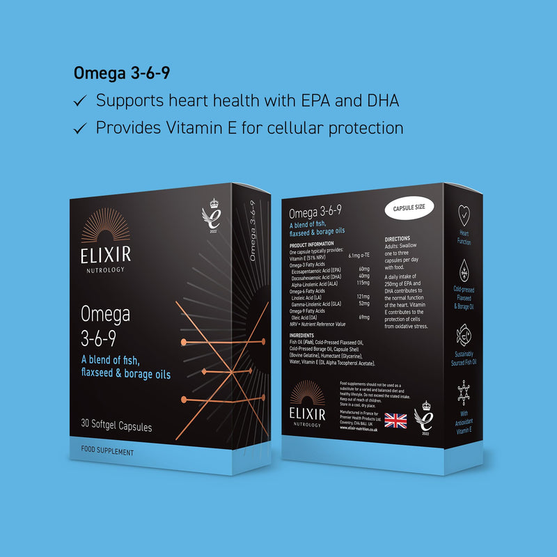 Omega 3-6-9 Softgels | Supports Normal Heart Function & Cardiovascular Health | Essential Fatty Acids from Fish, Flaxseed & Borage Oil | Vitamin E for Antioxidant Support | 30 Capsules | UK Made
