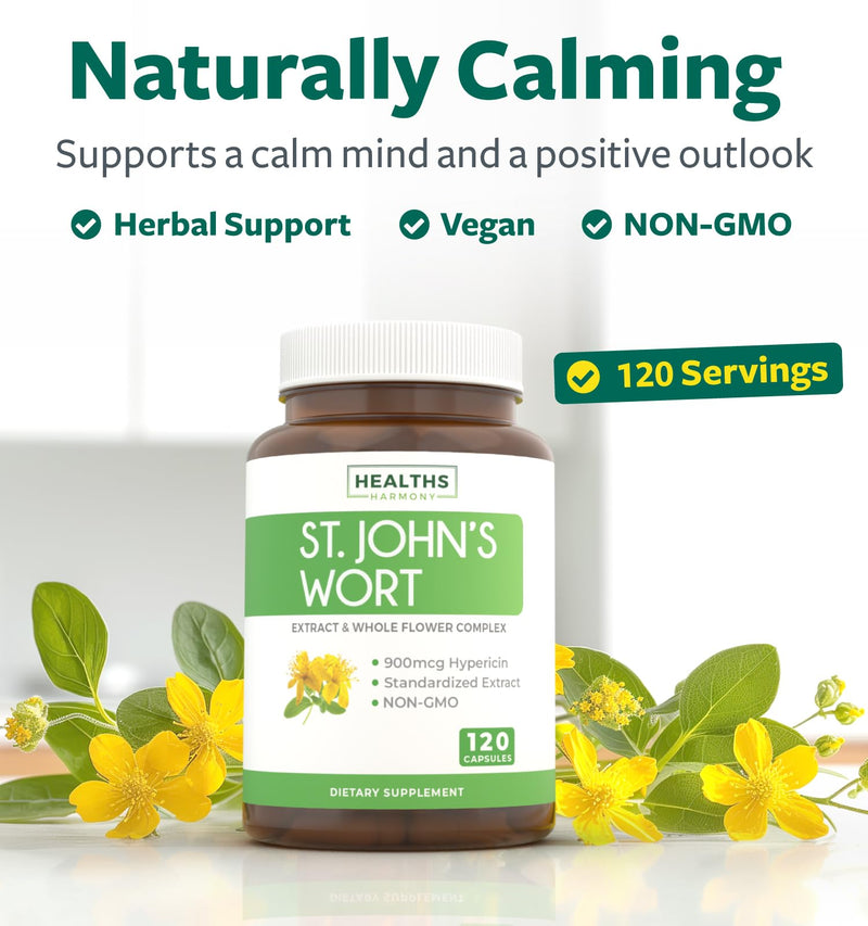 [Australia] - St. John's Wort - 120 Capsules (Non-GMO) Effective St Johns Wort Capsules - Powerful 900mcg Hypericin - Standardized Extract & Whole Herb Supplement - No Oil, Pills, Tea, Tincture - 500mg Per Capsule 120 Count (Pack of 1) 