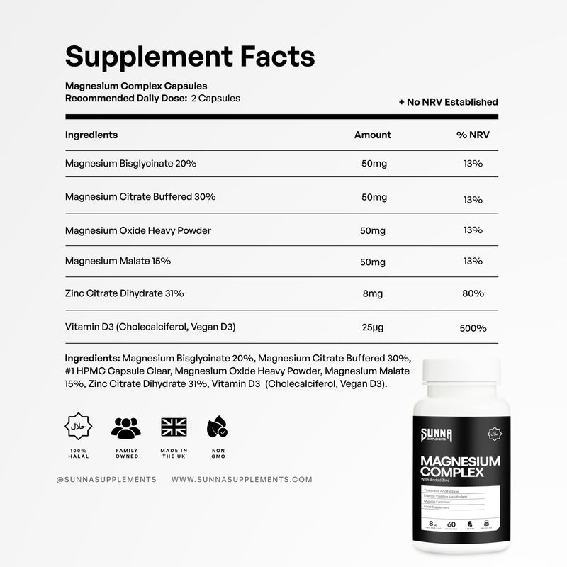 SUNNA SUPPLEMENTS Magnesium Complex with Zinc – High Strength Vegan Capsules for Sleep, Energy & Muscle Support – Magnesium and Zinc Supplement – Gluten-Free – 60 Capsules