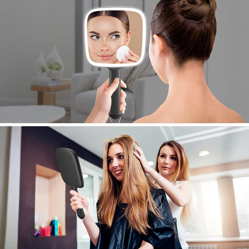 Famihomii Hand Mirror with 30X Magnifying Detachable Mirror, Lighted Handheld Mirror, Lightweight & Durable, Portable & Hangable for Makeup, Hair Styling, Shaving, Battery Operated Black+30x
