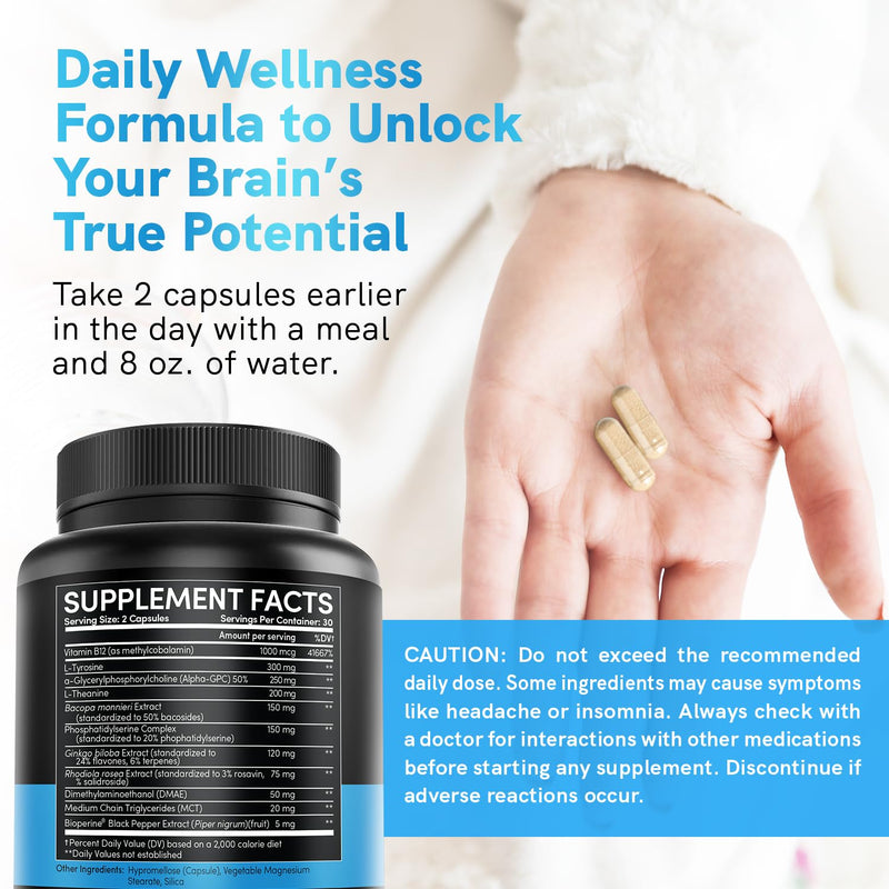 [Australia] - 11-in-1 Nootropic Brain Supplements: Memory & Focus Supplement with Ginkgo Biloba, L Theanine, Bioperine, & Alpha GPC Choline - 1321mg, 60ct - Stimulant Free, Vegan - Focus Brain Support (1 pack) Caffeine-free 60 Count (Pack of 1) 