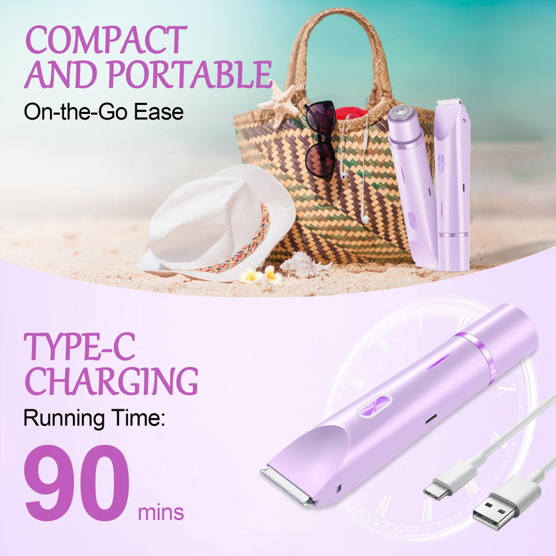 [Australia] - 2-in-1 Bikini Trimmer for Women, Bikini Shaver, Dual Head Electric Razor, IPX7 Waterproof Wet/Dry, USB Rechargeable for Pubic/Underarm/Leg, Pink Purple 