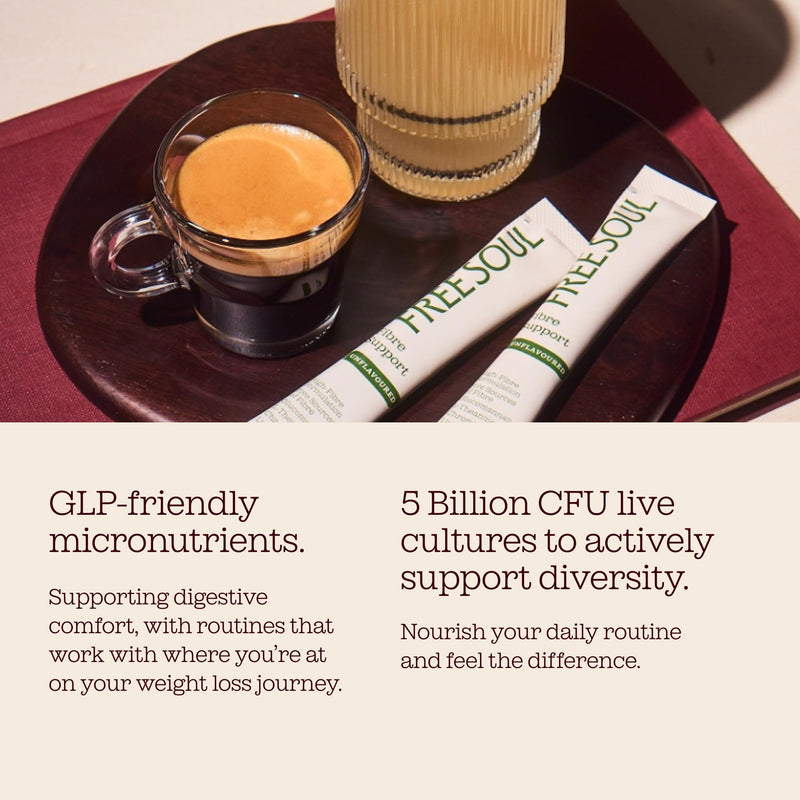 Fibre Support for GLP Journeys | High Fibre Powder with 5 Billion CFU Live Bio-Cultures 9 Strains | 5g Fibre with L-Theanine, Chromium & Superfoods | GLP-Friendly | 20 Sachets | Free Soul
