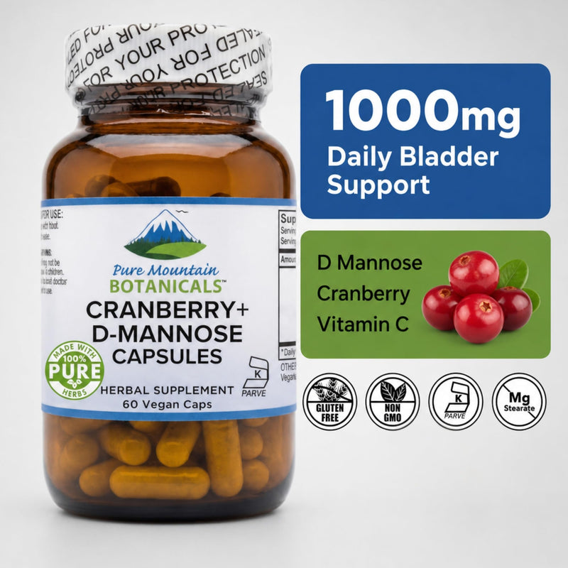 Pure Mountain Botanicals D Mannose with Cranberry Capsules - 60 Count Vegan Kosher - 1000mg D-Mannose for Urinary Tract Health - DMannose 1000mg with Vitamin C for Women and Men
