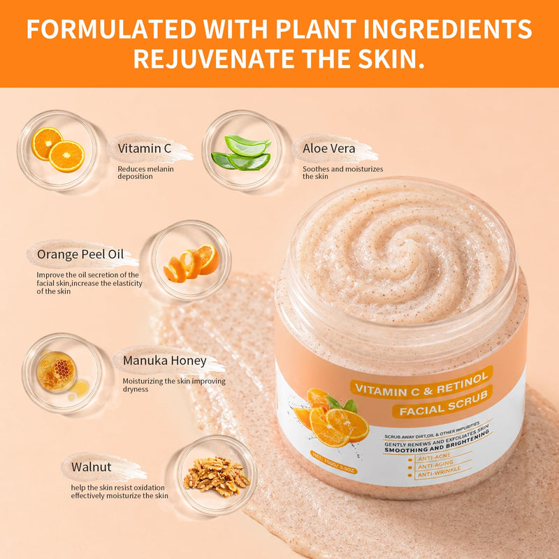 Vitamin C and Retinol Face Scrub, Facial Scrub Exfoliating Clears Blackheads, Improve Dark Spot and Acne 100g/3.5oz