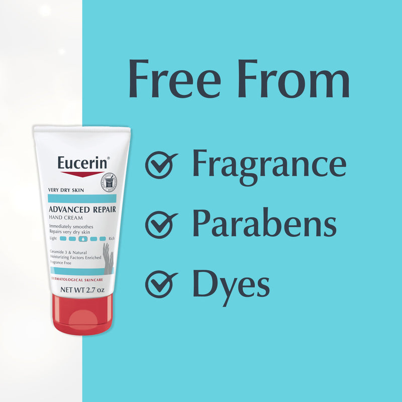 Eucerin Advanced Repair Hand Cream, Urea Enriched, Multipack, 3 x 2.7 OZ | Hand Cream for Dry Hands and Very Dry Skin, with Urea, Ceramide and NMF, Travel Size Hand Cream, Fragrance Free 2.7 Ounce (Pack of 3)
