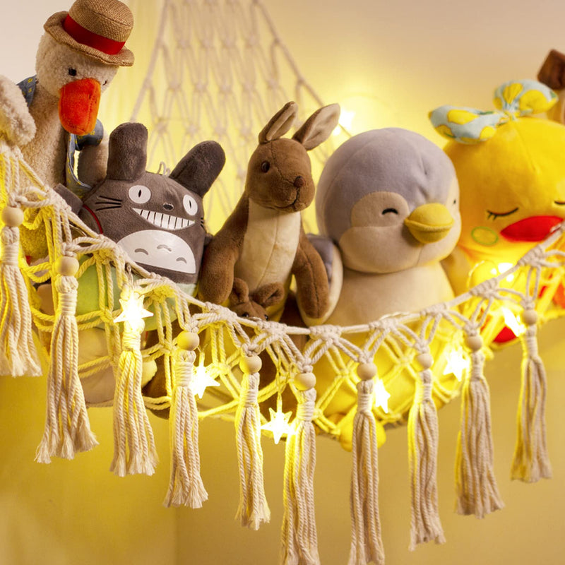 [Australia] - Stuffed Animal Toy Storage Hammock with LED Light - Macrame Jumbo Doll Corner Stuff Animals Organizer Decorations - Cute Hanging Plushie Net Kids Baby Nursery Bedroom Room Decor Beige L (39.5"*39.5"*48") 