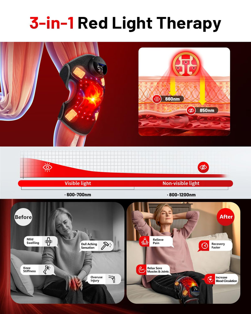 [Australia] - Upgraded PRO Red Light Therapy Knee Brace & 4 Vibration Massage - Wireless Rechargeable Controller, 660nm&850nm Red Light Therapy Heated Device for Knee/Elbow/Shoulder Pain Upgraded Knee 
