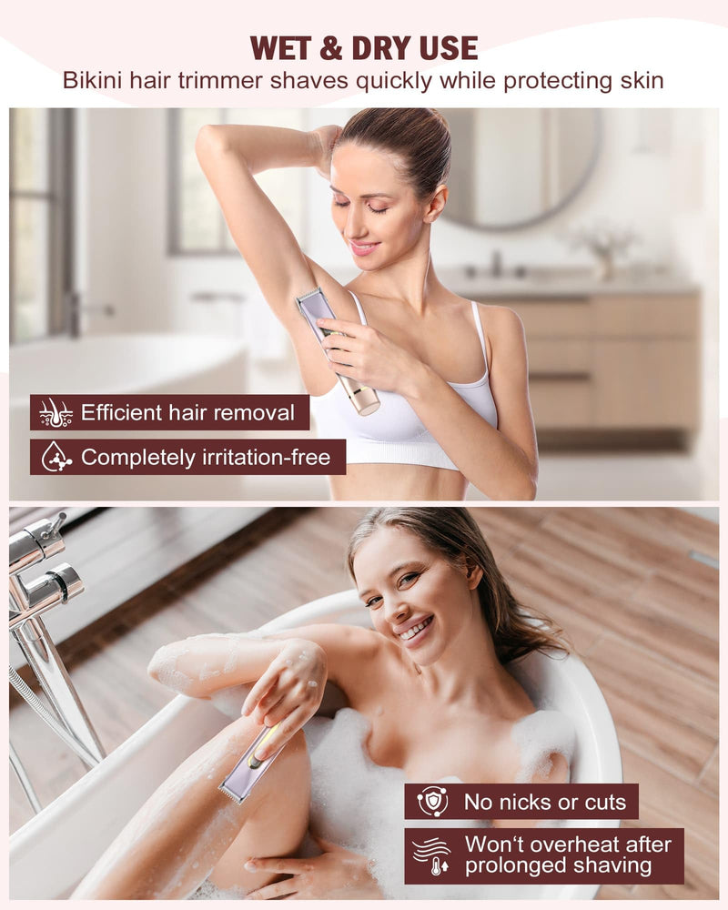 [Australia] - Bikini Trimmer for Women - 2 in 1 Dual Head Bikini Shaver, Painless Electric Razors for Silk Skin, Ceramic Blade, Waterproof Wet & Dry Use Body Hair Removal for Trip（Purple） Purple-rose Gold 