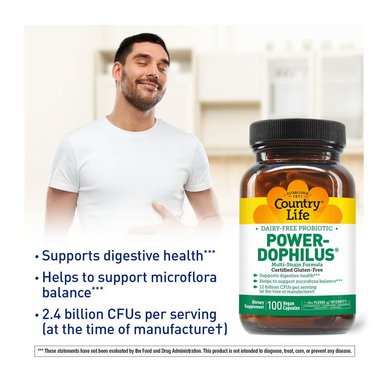 Country Life Power-Dophilus Dairy-Free Multi-Strain Probiotic 12 Billion CFUs, 100 Vegan Capsules, Certified Gluten Free, Certified Vegan 100 Count (Pack of 1)