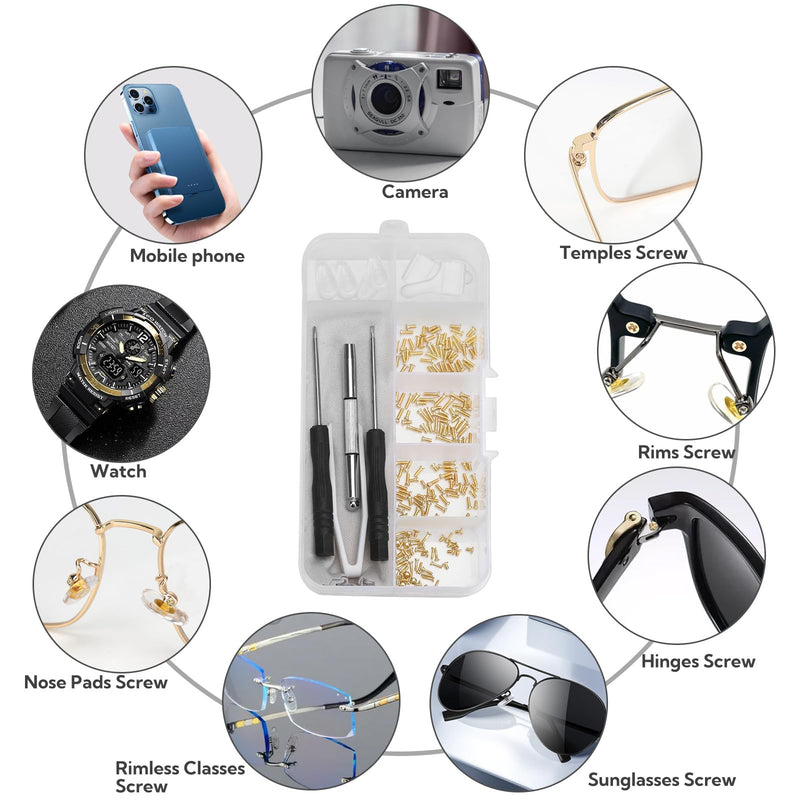 [Australia] - Gold Eyeglass Repair Tool Kit Eye Glass Repair Kit Eye Glasses Repairing Screwdriver Set with Eyeglass Screws, Nose Pads, Small Screwdriver, Tweezers for Glasses Sunglasses Watch Clock Repair 