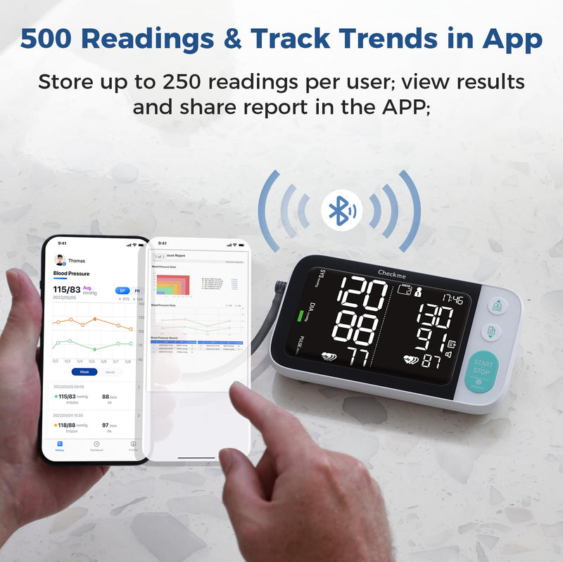[Australia] - Checkme Blutooth Blood Pressure Monitors for Home Use, Blood Pressure Machine with Dual-Display, Extra-Large Adult Cuff, 500 Readings, Voice Broadcast - Automatic BP Monitor with Bluetooth 