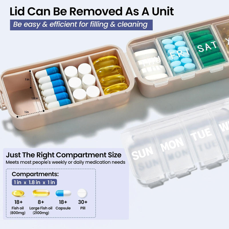 Foldable & Portable Weekly Pill Organizer, Week Daily 7 Day Travel Pill Box | 1 Time A Day, with 1 Extra Compartment, Double Lock, Large Medicines Case Holder Dispenser for Med, Vitamin, Supplement,Khaki Khaki