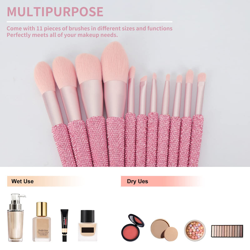 KEYPOWER Large Capacity Glitter Sequin Cosmetic Bag Apricot & 11PCS Makeup Brushes Bling Crystal Pink