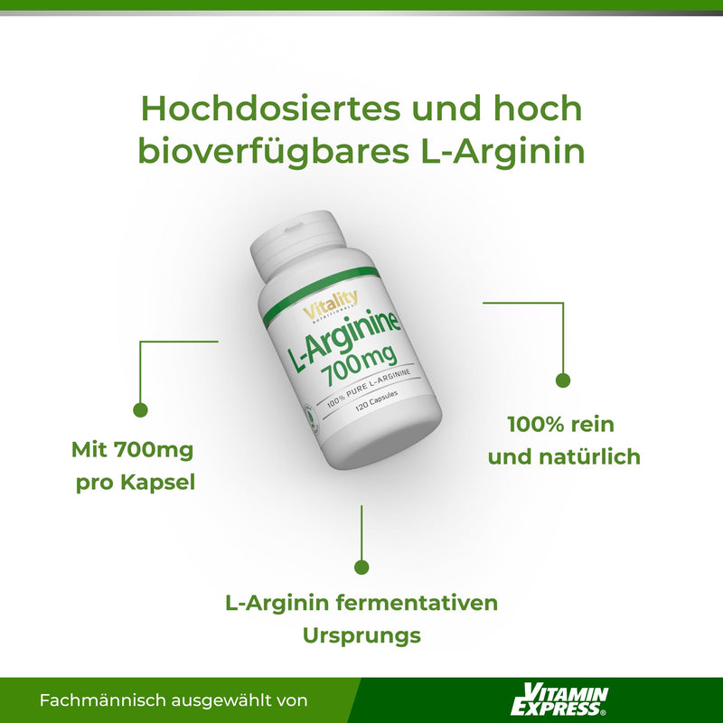 [Australia] - L-arginine high dose 700 mg. Essential amino acid 100% natural from fermentation (120 capsules) High bioavailability & bioactivity. Premium L-Arginine Vitality Nutritionals by VitaminExpress 