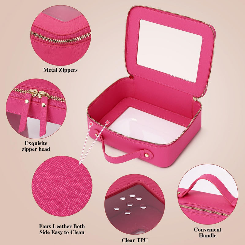 Pinkmik Travel Clear Makeup Bag with Brush Bag Portable Cosmetic Bag Case Transparent Toiletry Bag Cosmetic Organizer Storage Bag for Wome (X/Fuxia, L+SLIM) X/Fuxia
