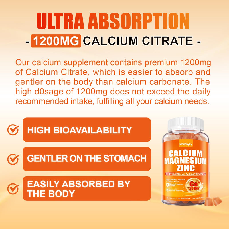 [Australia] - Calcium 1200 mg with Vitamin D3 Gummies for Adults - Calcium Citrate with Vitamin D3 K2, Magnesium, Zinc, Boron, Copper and Ashwagandha - Extra Absorption Calcium Supplement for Women Men Orange 60 Count (Pack of 2) 