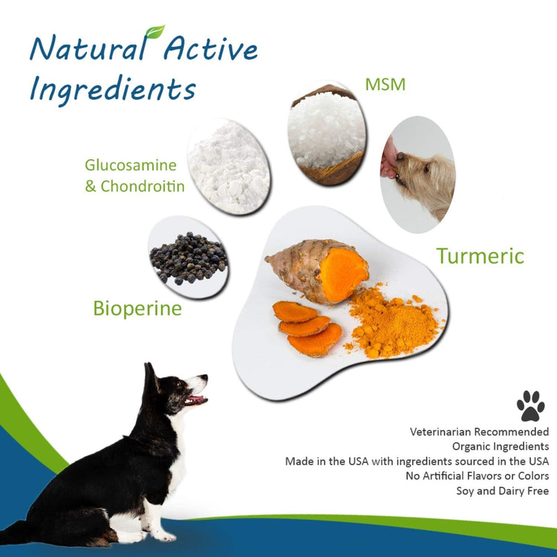 Natural Dog Hip & Joint Supplement for Dogs Arthritis Pain Relief. Turmeric Curcumin with Black Pepper for Anti Inflammatory. Tumeric MSM Glucosamine Chondroitin for Dogs Healthy Joints - 90 Chews - PawsPlanet Australia