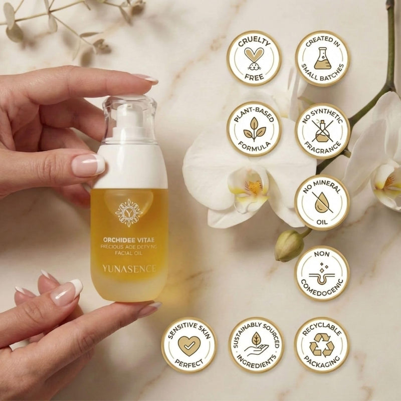 YUNASENCE ORCHIDEE VITAE Precious Organic Anti-Aging Face Oil Serum, w/Orchid Flower, Rose Absolute, Argan, Maracuja, Papaya, Vitamin C, Amino Acid.1oz Boosts collagen, improves skin elasticity.