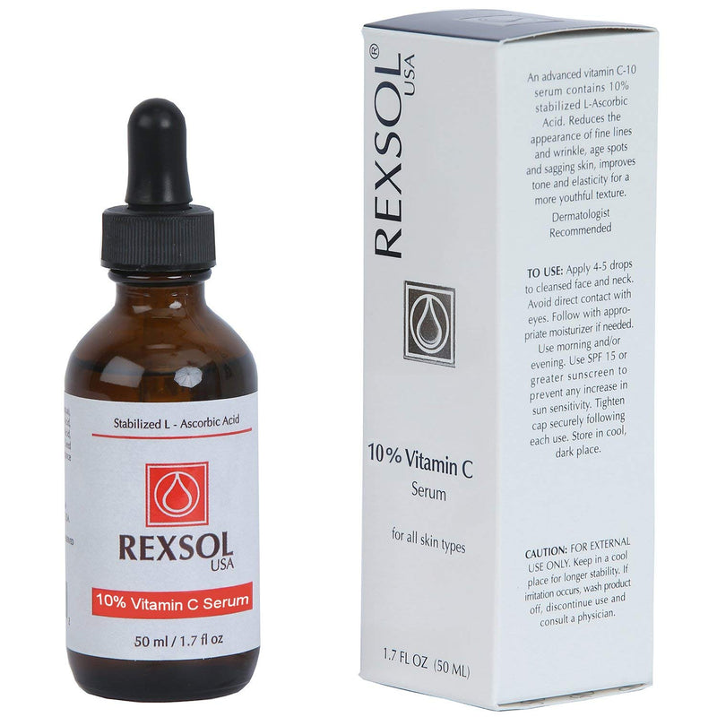 REXSOL 10% Vitamin C Serum Anti-wrinkle Firming | With Hyaluronic Acid, Chamomile Extract & Grape Seed Extract | Prevent photo-aging | Provides antioxidant protection. (50 ml / 1.7 fl oz)