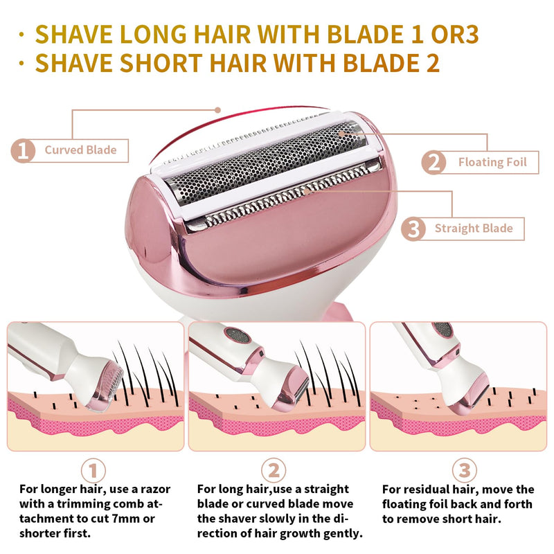 4-in-1 Electric Razor & Bikini Trimmer for Women - Rechargeable Wet/Dry Body Shaver for Face, Legs, Underarms, Pubic Hair, IPX6 Waterproof with LED Light & Travel Lock