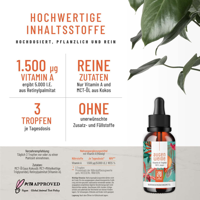 [Australia] - High-dose vitamin A drops - 5000 IU (1500 µg) per daily dose - Vegan - Liquid vitamin A - Retinol Naturtreu eye candy 1700 drops 50 ml 
