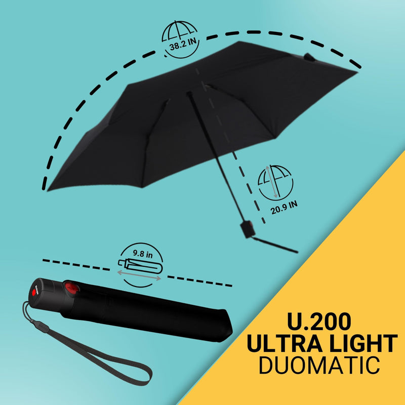 Knirps U.200 Ultra Light Duomatic Automatic Open Rain Umbrella - Compact Windproof Travel Umbrella for Adults - 97cm Diameter Retractable With Carrying Case Black