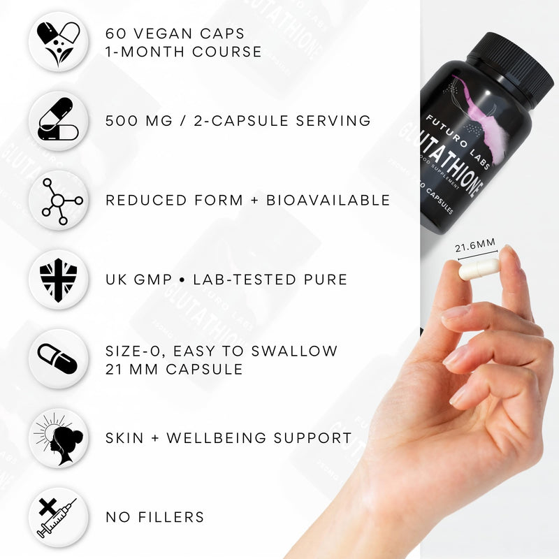 Glutathione Capsules 500mg Dose - Highly Purified and Highly Bioavailable - Extra Strength Glutathione Supplement, Non-GMO, Reduced Glutathione Supplement - 30 Day Supply - UK Made