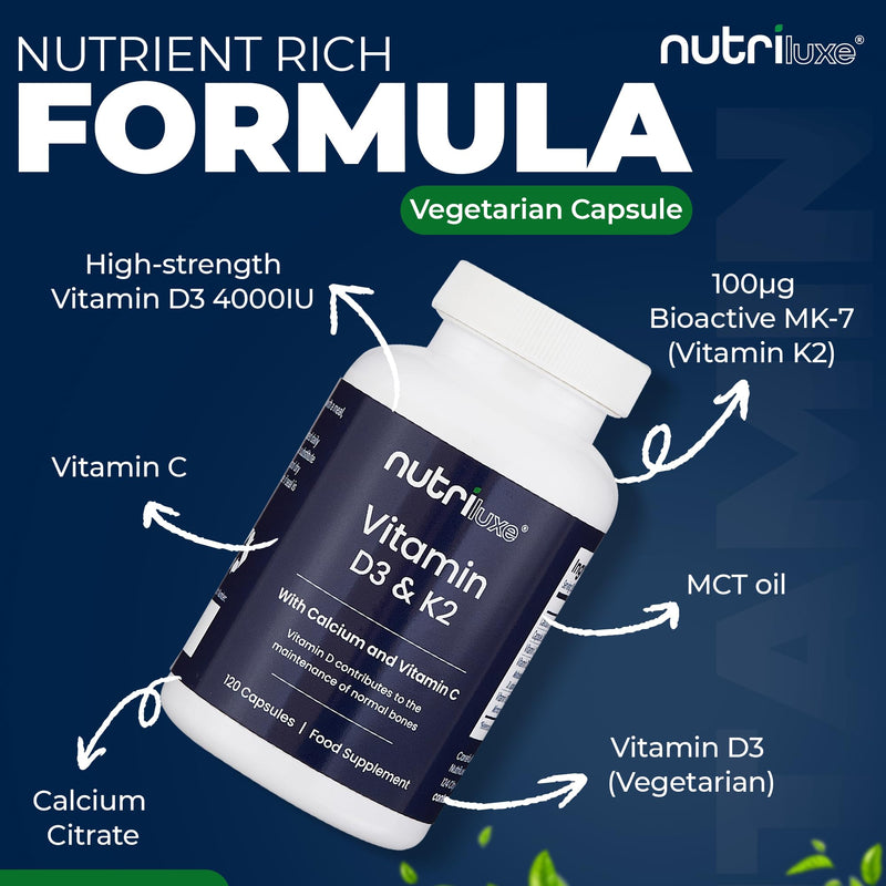 Vitamin D3 4000 IU & K2 with Calcium & Vitamin C, 120 Capsules