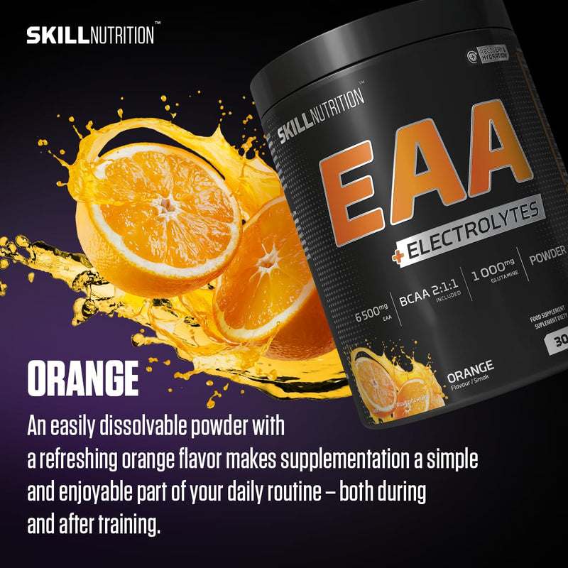 Skill Nutrition EAA + Electrolytes - Orange Flavour | 6.5 g EAA per Serving | BCAA 2:1:1, 1000 mg L-Glutamine, Electrolytes & AstraGin® | Powder Supplement | 450 g