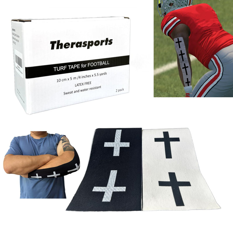 2 Rolls Faith Cross Turf Tape Football - Extra Wide Christian Athletic Turf Tape - Ultra Sticky & Latex Free, Protects from Turf Burn, Waterproof & Flexible (White & Black, 4 inch) White & Black