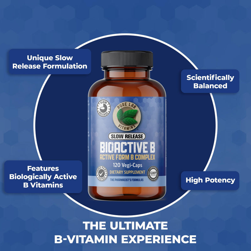 Pure Lab Vitamins Slow Release BioActive B Complex | 120 Vegi-Caps | Slow release formula, methylated B vitamins, Vegan, third-party tested