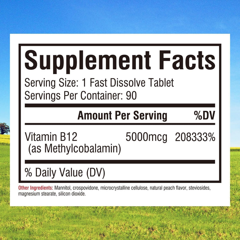Innate Vitality Vitamin B12 5000mcg, Sublingual, Vegan Methylcobalamin, Fast Dissolve Tablets, Natural Peach Flavor, Supports Energy Production & Healthy Nervous System, 90 Tablets 90 Count (Pack of 1)
