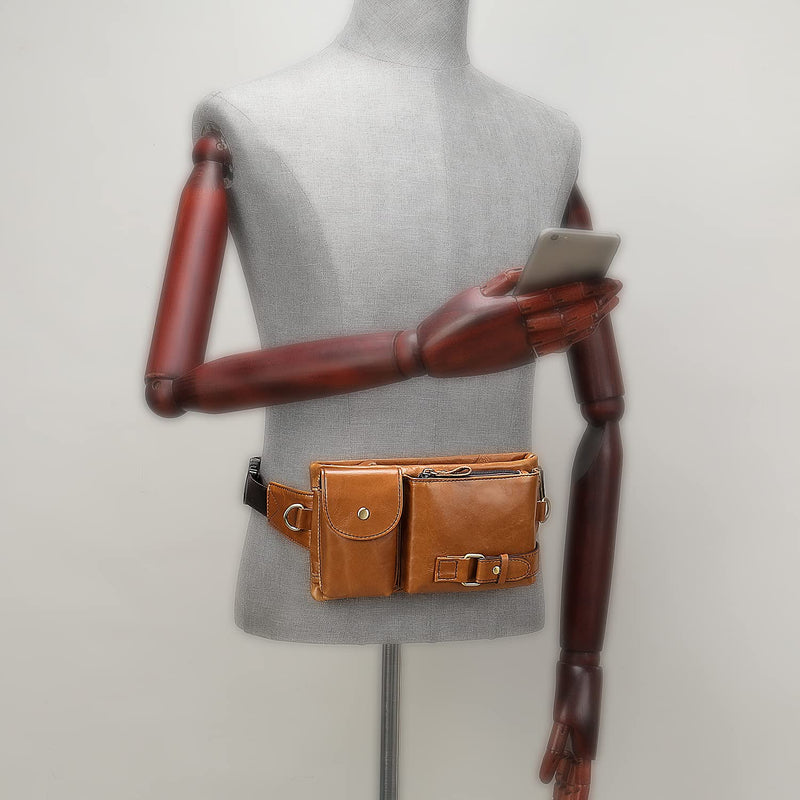 Genuine Leather Fanny Pack for Men Women Small Waist Purse Travel | Brown Sling Cross Body Waist Bag, Lightweight Belt Bag for Walking Hiking, Adjustable Strap, Mulit-pockets