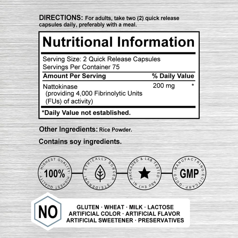 Nattokinase Capsules 4000 FU, 150 Caps High Potency Enzyme Derived from Fermented Soybean, Supports Heart Health & Circulation, Natural & Vegan, Traditional Japanese Natto Extract