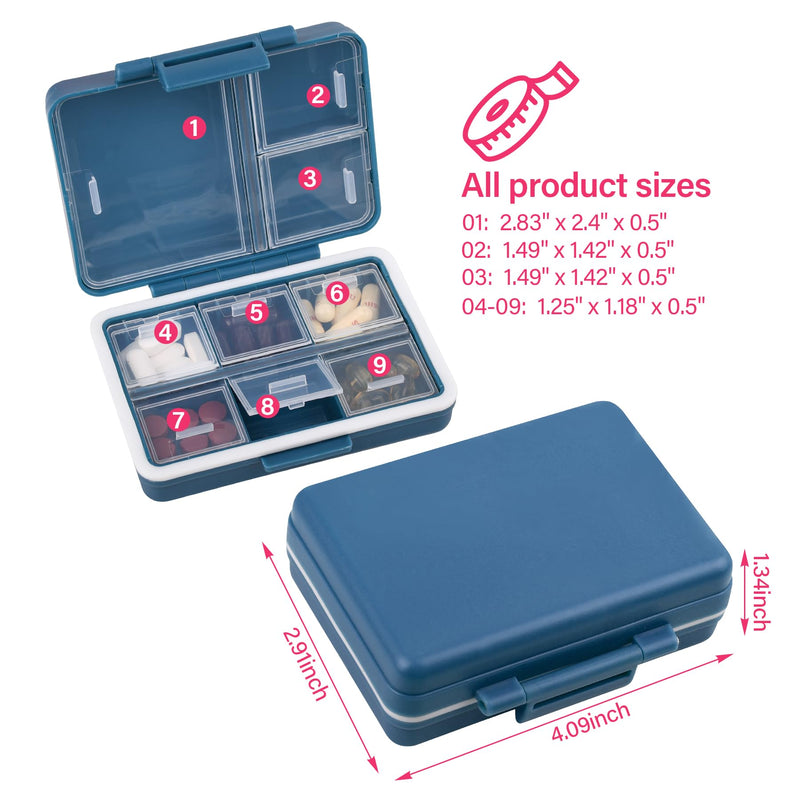 9 Compartment Pill Organizer,Waterproof Travel Medicine Case (Nevy Blue) | Large capacity compartments for vitamins, fish oils, and supplements. Portable pill box ideal for travel and daily use.