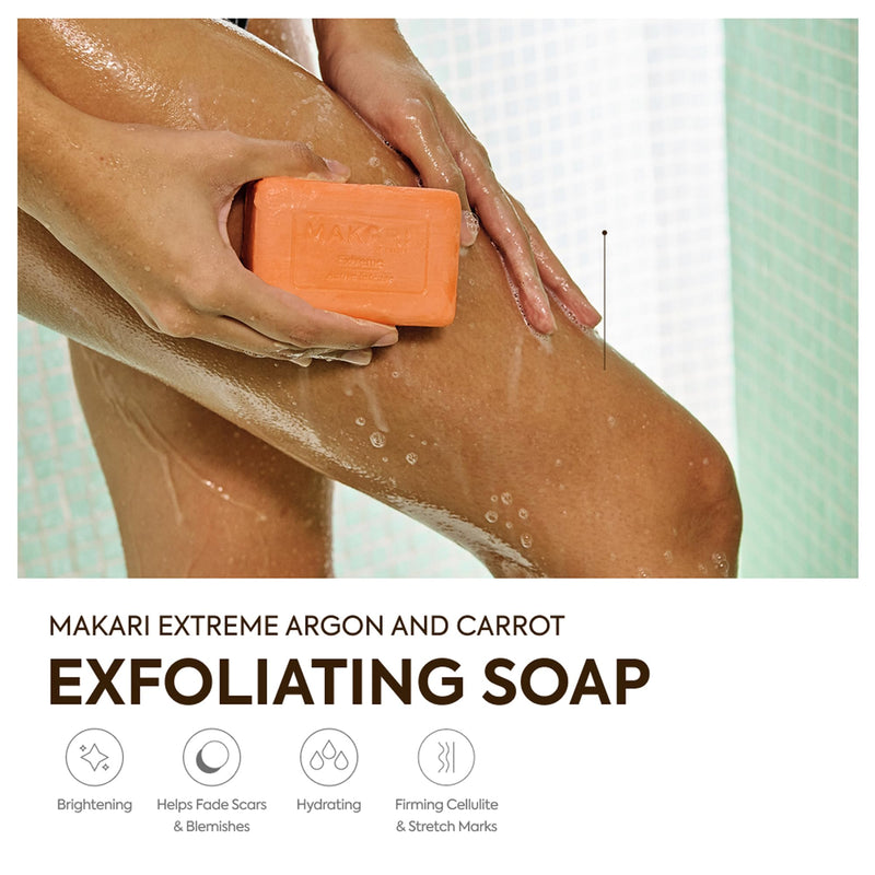 MAKARI Extreme Active Intense Argan & Carrot Oil Exfoliating Soap 2-Pack (7 oz) | Radiance-Boosting Bar | With Apricot Seed Extract & Vitamins C & E | Helps Reveal Smoother-Looking Skin 7 Ounce (Pack of 2)