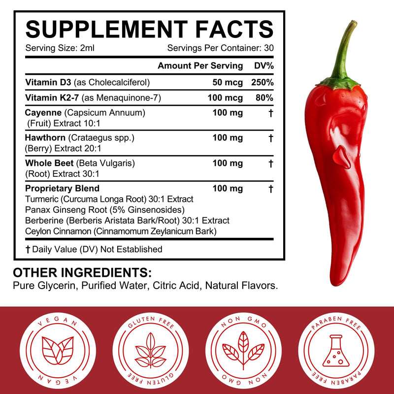 [Australia] - Cayenne Pepper Drops, Natural Cayenne Pepper Supplement Liquid Drops,Vitamin D3 K2 Beet Root Powder, Ceylon Cinnamon, Turmeric Curcumin, 60ml 