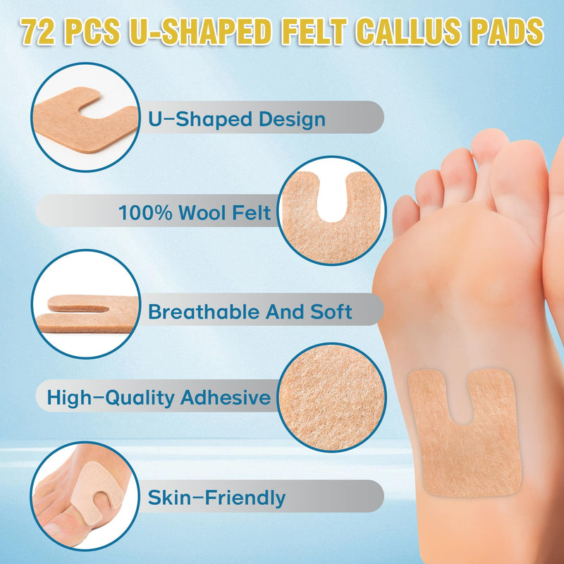[Australia] - 72 Pcs U-Shaped Callus Pads for Feet, Callus Cushions for Bottom of Foot, Self Adhesive Felt Foot Metatarsal Corn Pads for Relieve Heel and Forefoot Pressure, Foot Pain Relief for Men and Women 72 Pcs 