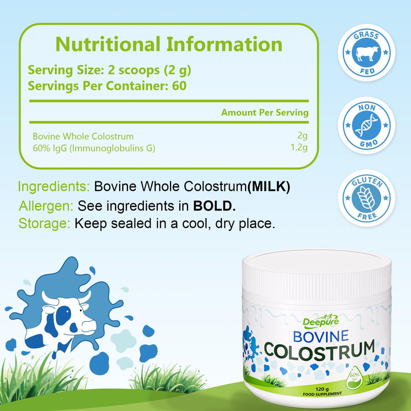 Grass-Fed Bovine Colostrum Powder – 60% IgG for Gut Health Immunity Muscle Recovery Unflavoured Non-GMO Hormone-Free Antibiotic-Free for Adults 60 Servings