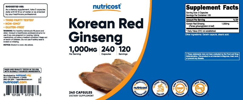 Nutricost Korean Ginseng 1000mg Serving, 240 Capsules - 1000mg Potent Serving Size, 500mg Per Capsule - Korean Red Ginseng - Gluten Free & Non-GMO 240 Count (Pack of 1)