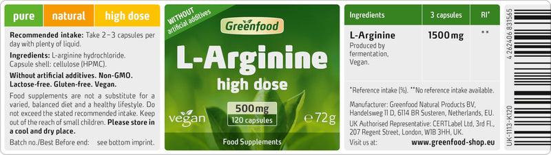 L-Arginine Pure, 500 mg, 120 Capsules, high dose - Without additives. Without Genetic Engineering. Vegan. 120 Capsule