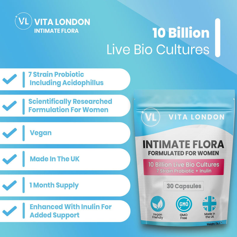 Intimate Flora Probiotics for Women | 10 Billion Live Bio Cultures | 7 Strain Probiotic + Inulin | 30 Capsules (Not Tablet, Gummies or Powder) | Vegan, Made in UK 30 count (Pack of 1)