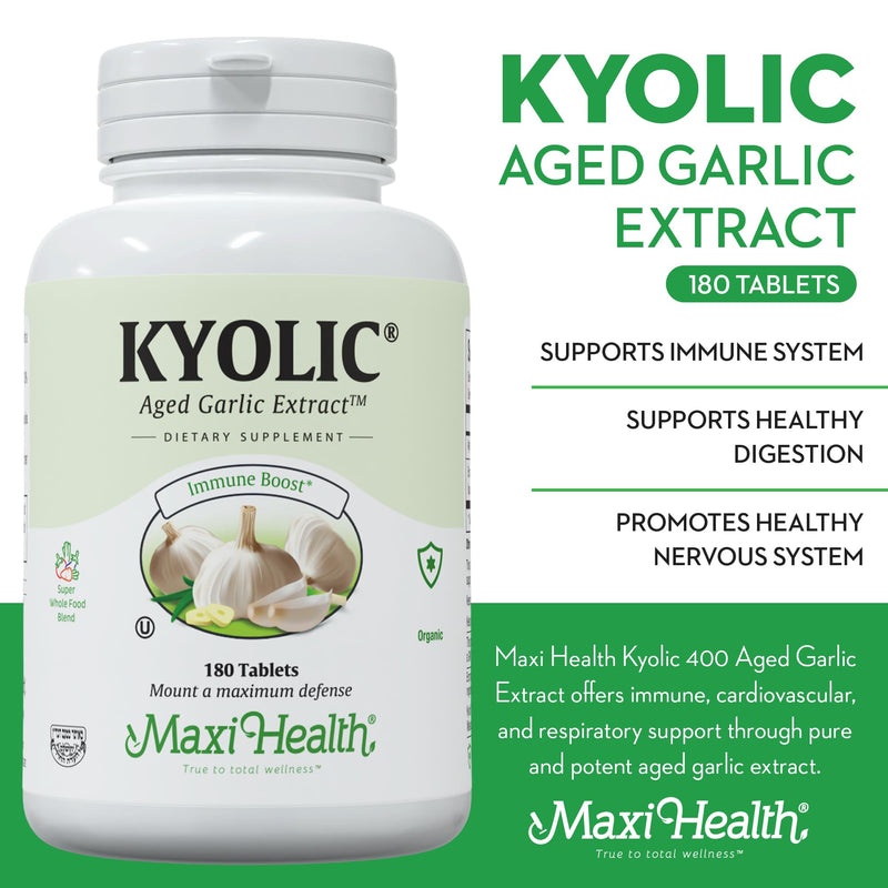 [Australia] - Maxi Health Kyolic Organic Garlic Supplement - Kosher Garlic Tablets with Kyolic Aged Garlic Extract for Immune Support - Vegetarian Garlic Pills (180 Count) 180 Count (Pack of 1) 